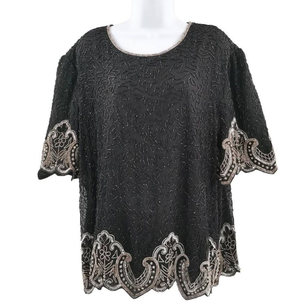 Vintage Black Silk Top Hand Embellished with Silver Beads & Sequins | Laurence K